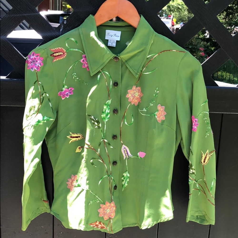 Tracy Reese Silk Shirt w/ Flower Embroidery